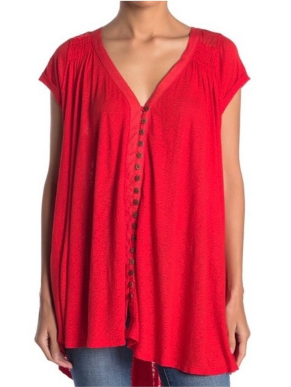 Free People Boho Highland V-neck Red Button-Front Linen Blend Tunic - Size L